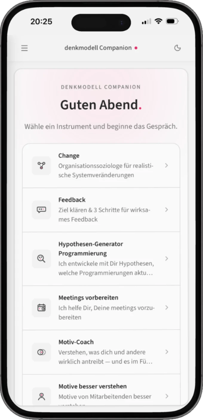 Smartphone mit der Startansicht des denkmodell Companion und der Auswahl der Instrumente.